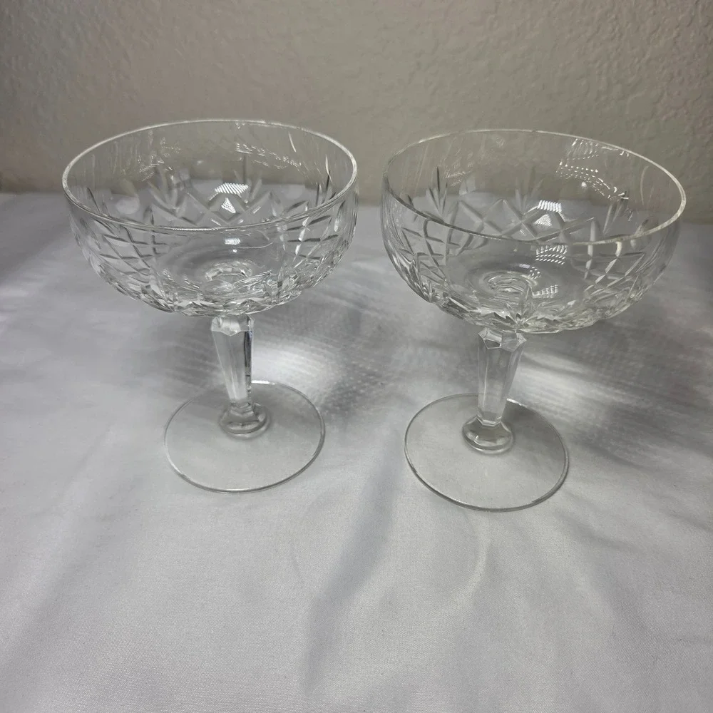 Vintage Cut Crystal Champagne Coupe Glasses Set/2 Starburst Cross Hatch Stemmed
